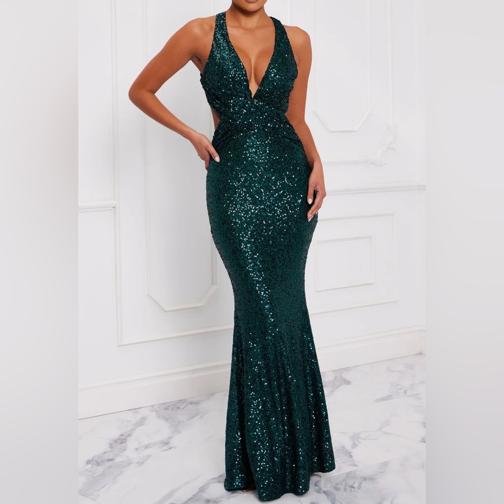 Elegant Hunter Green Sequin Evening Gown
